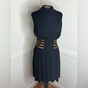 Hot and Sexy Michelle Jonas Black Midi Dress with Gold Waistband